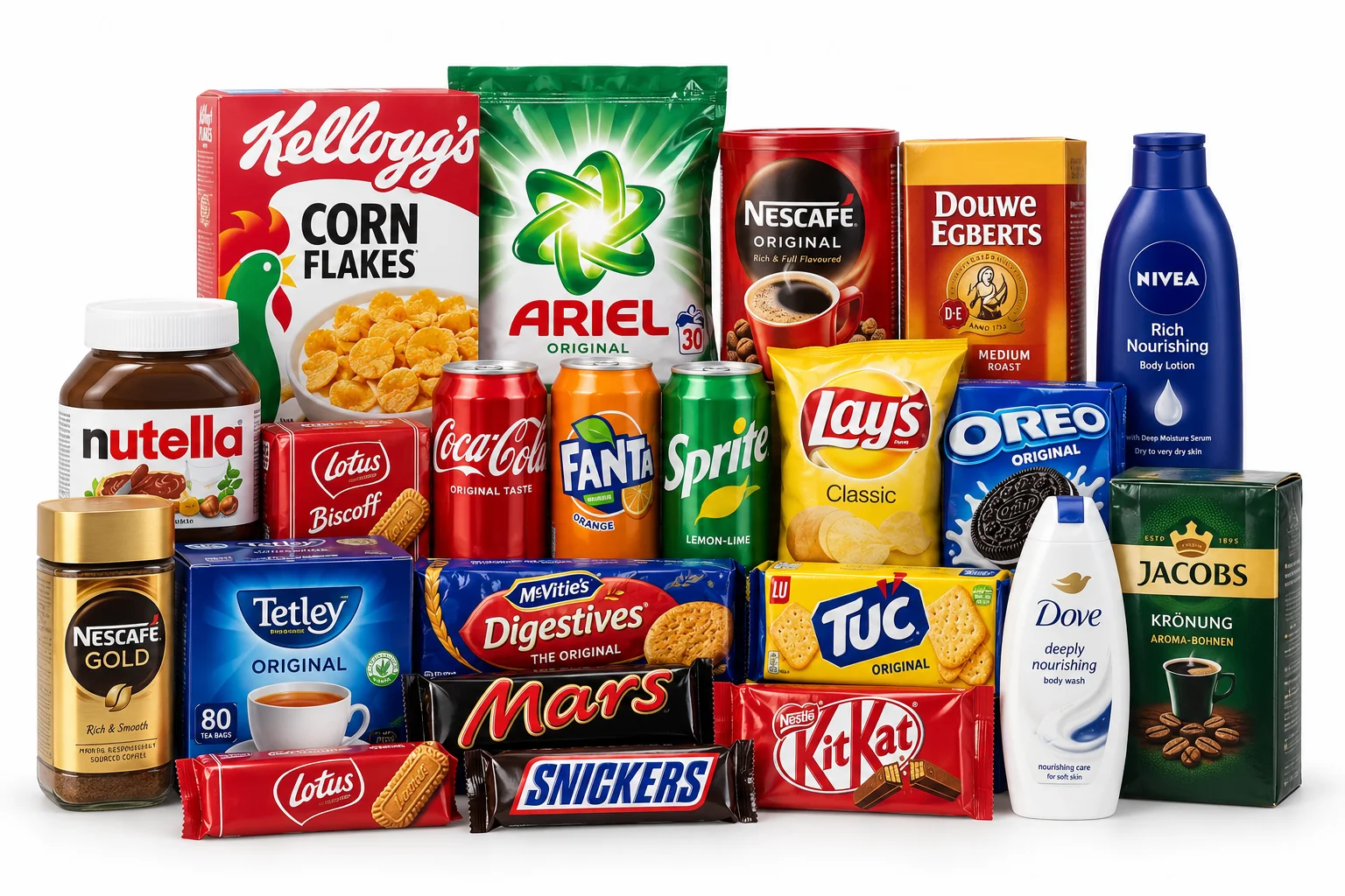 Group of well-known branded groceries and household products, including Kellogg’s Corn Flakes, Ariel, Nescafé, Coca-Cola, Fanta, Nutella, Oreo, Mars, KitKat, Dove and Nivea