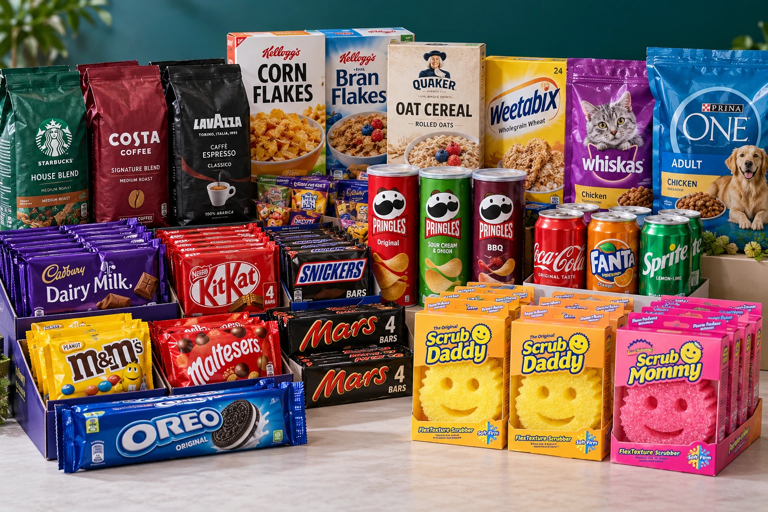 Illustrative assortment of packaged consumer products including coffee, confectionery, cereal, drinks, pet food and Scrub Daddy cleaning products
