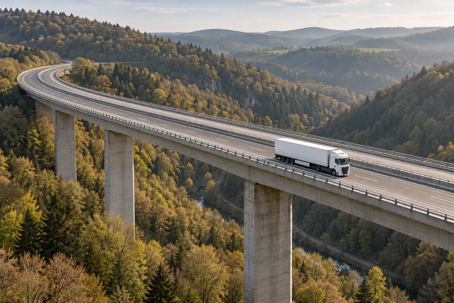 Illustrative white articulated lorry travelling in a marked lane on a viaduct above wooded hills.