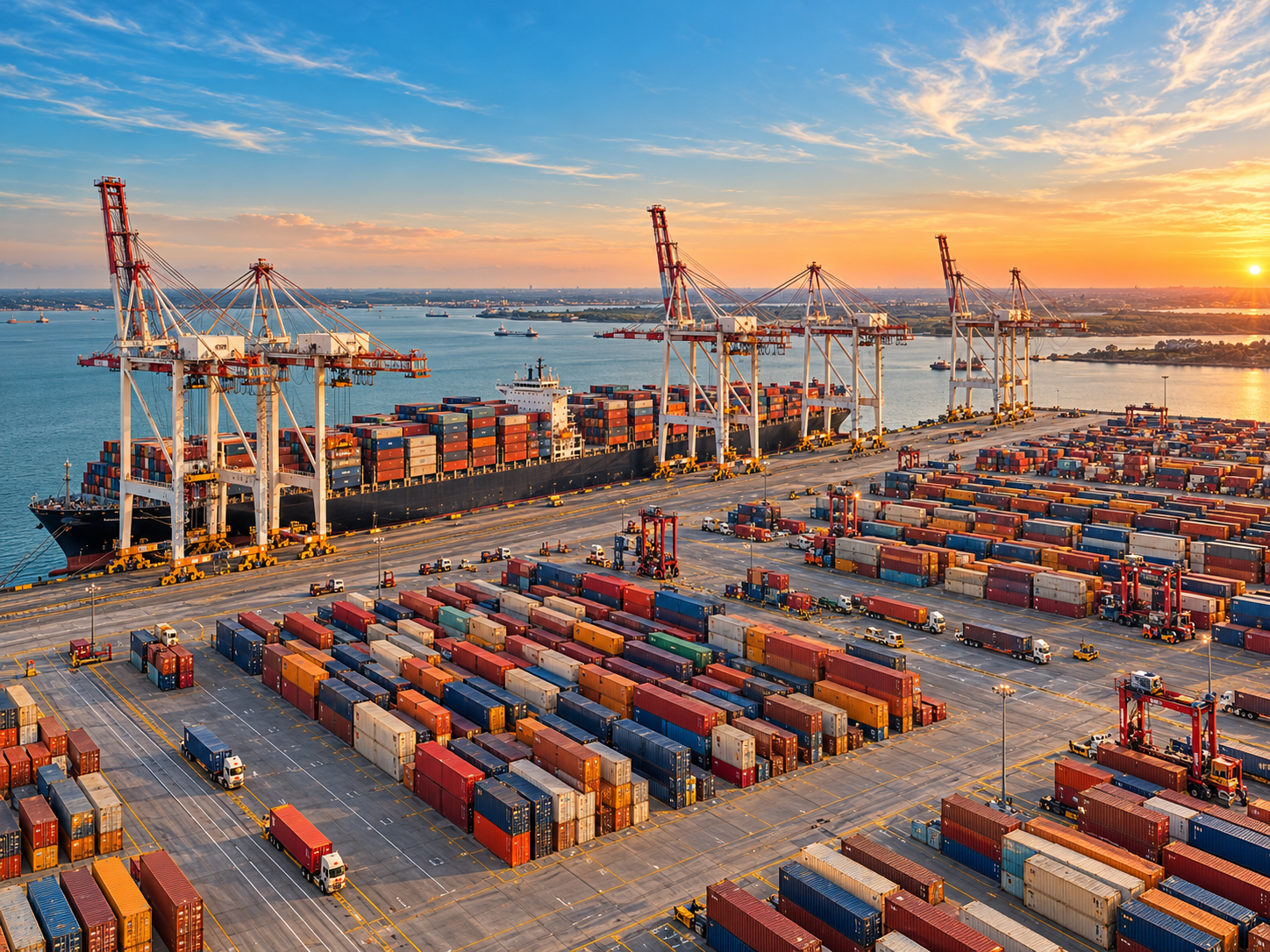 Illustrative aerial view of a container port at sunset, with a container ship alongside the quay, ship-to-shore cranes, rows of colourful freight containers and a blue-and-peach sky