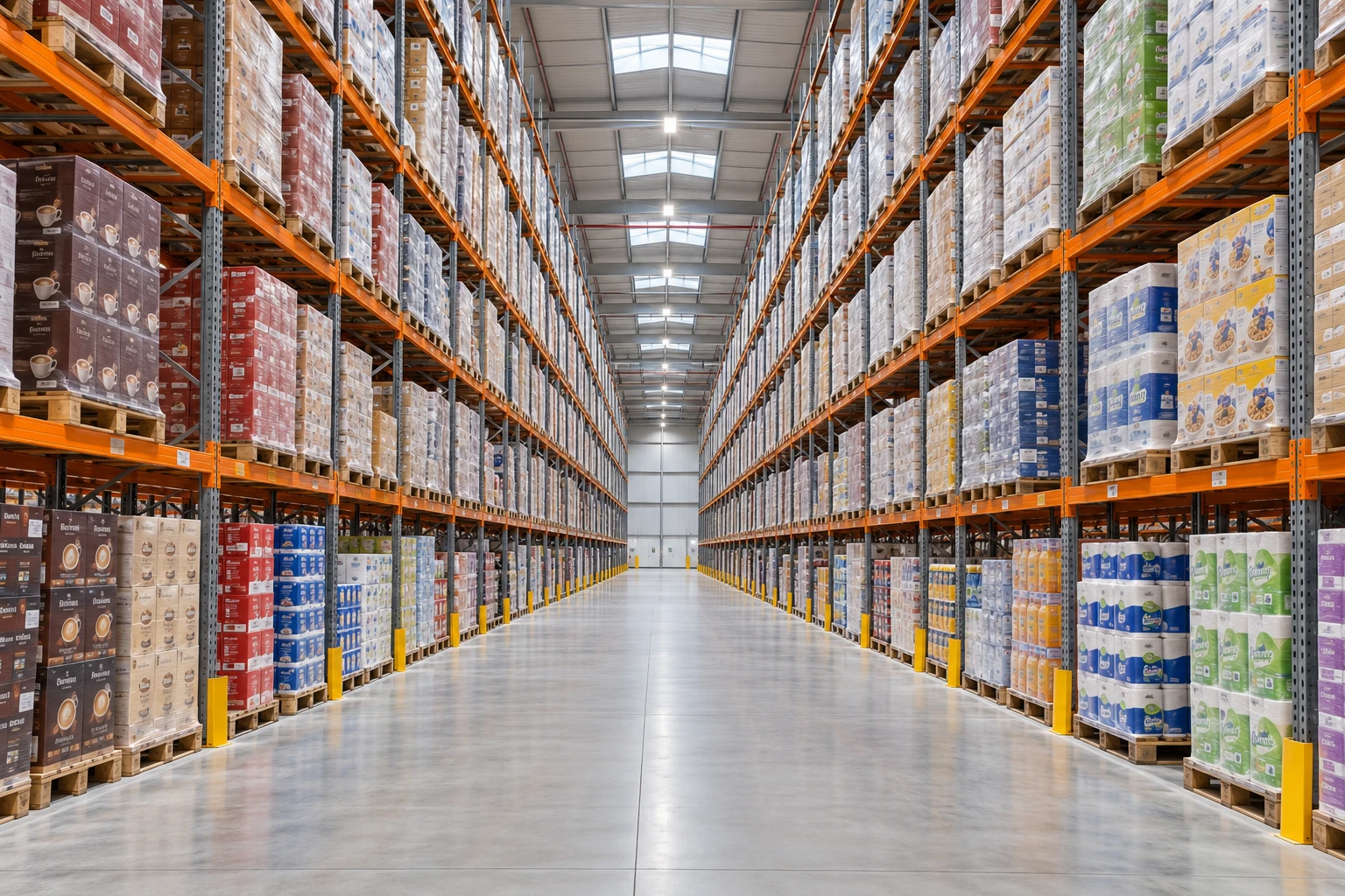 Illustrative modern FMCG distribution centre with orderly pallets of neatly packed consumer goods, bright lighting and a clear central aisle.